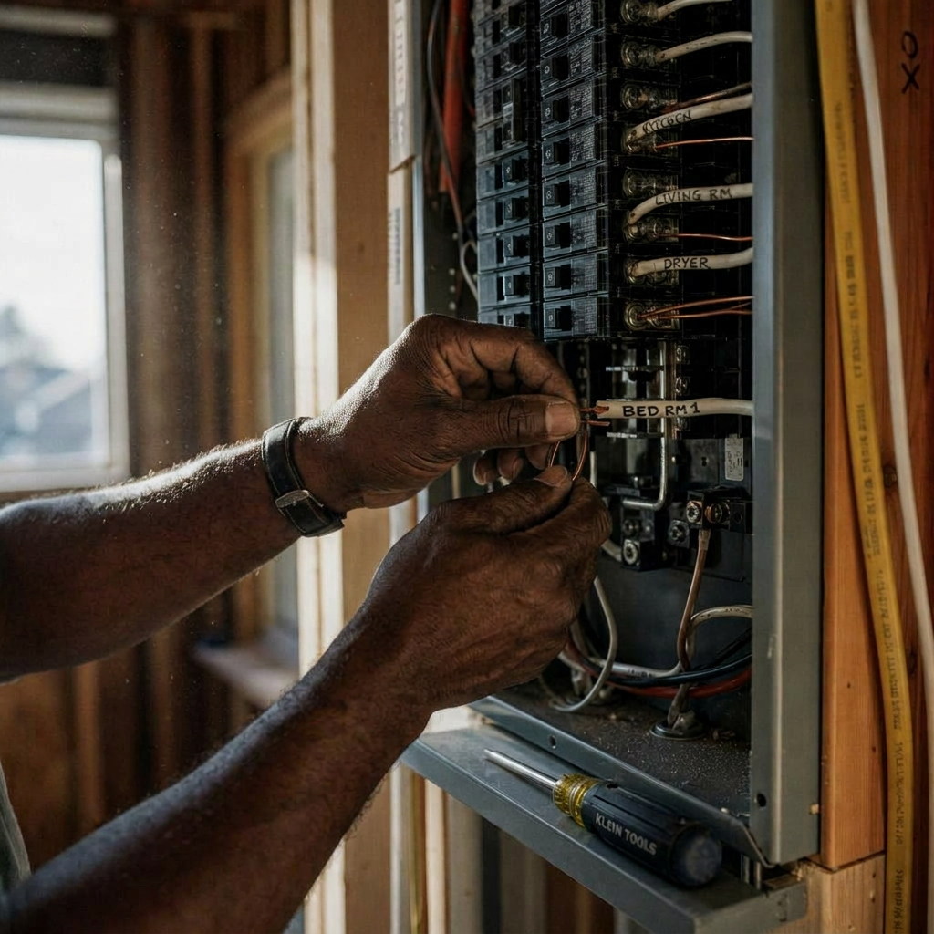 Master electrician hand-bending copper conductors inside an open service panel